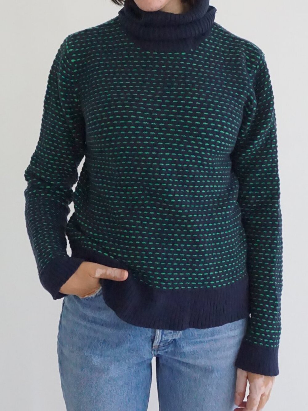 Vintage J Crew Navy Green Micro Stripe Textured Knit Turtleneck Sweater M
